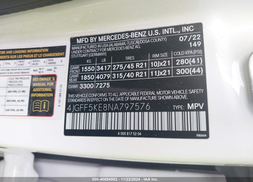 2022 MERCEDES-BENZ GLS 450 4MATIC VIN: 4JGFF5KE8NA797576