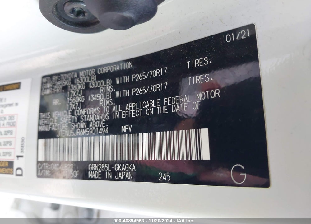 2021 TOYOTA 4RUNNER VIN: JTENU5JR6M5901494