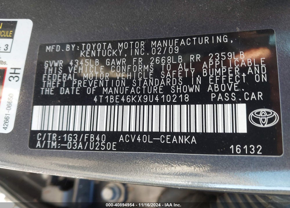2009 TOYOTA CAMRY LE VIN: 4T1BE46KX9U410218