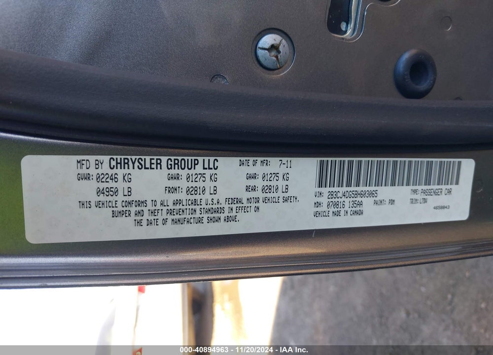 2011 DODGE CHALLENGER VIN: 2B3CJ4DG5BH603065