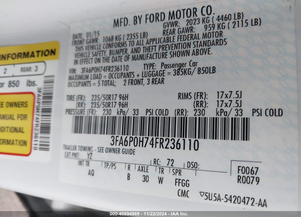 2015 FORD FUSION VIN: 3FA6P0H74FR236110