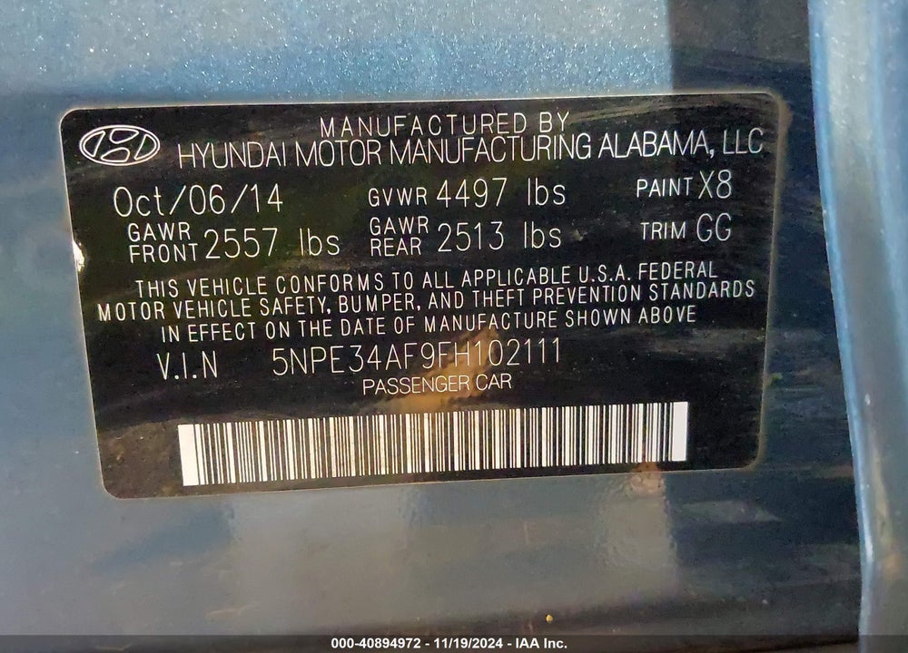 2015 HYUNDAI SONATA VIN: 5NPE34AF9FH102111