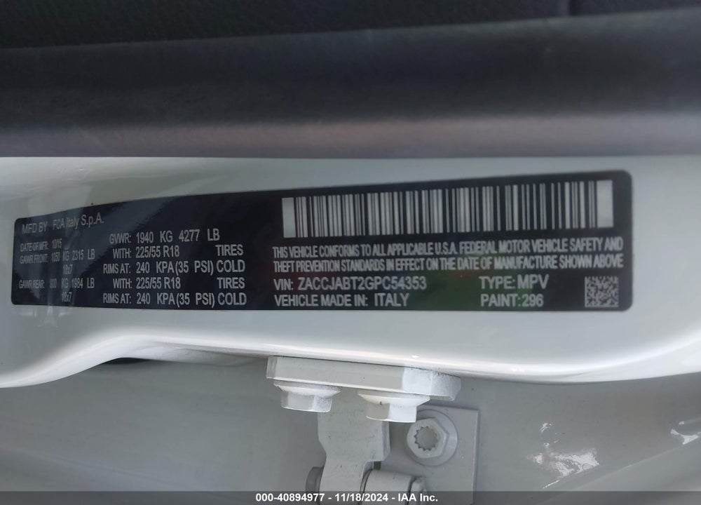 2016 JEEP RENEGADE LATITUDE VIN: ZACCJABT2GPC54353