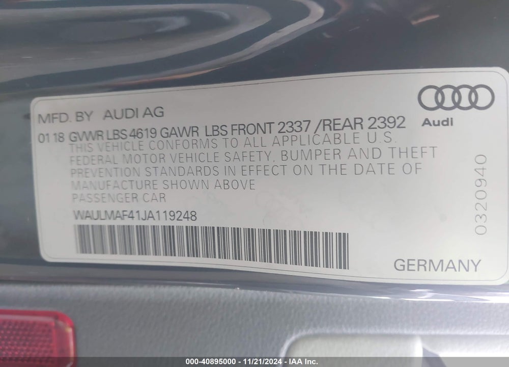 2018 AUDI A4 2.0T TECH ULTRA PREMIUM/2.0T ULTRA PREMIUM VIN: WAULMAF41JA119248
