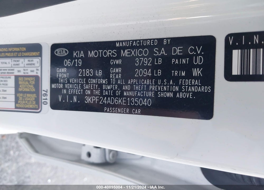 2019 KIA FORTE LXS VIN: 3KPF24AD6KE135040