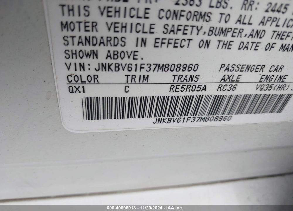2007 INFINITI G35X VIN: JNKBV61F37M808960