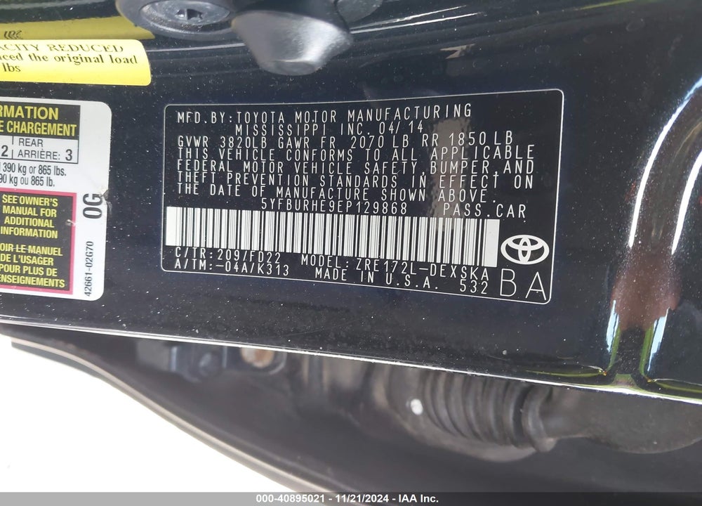 2014 TOYOTA COROLLA S VIN: 5YFBURHE9EP129868