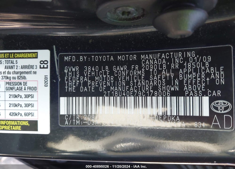 2009 TOYOTA COROLLA LE VIN: 2T1BU40E79C178006