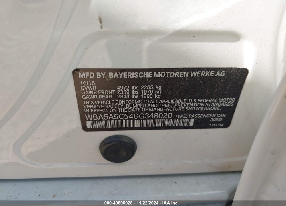 2016 BMW 528I VIN: WBA5A5C54GG348020