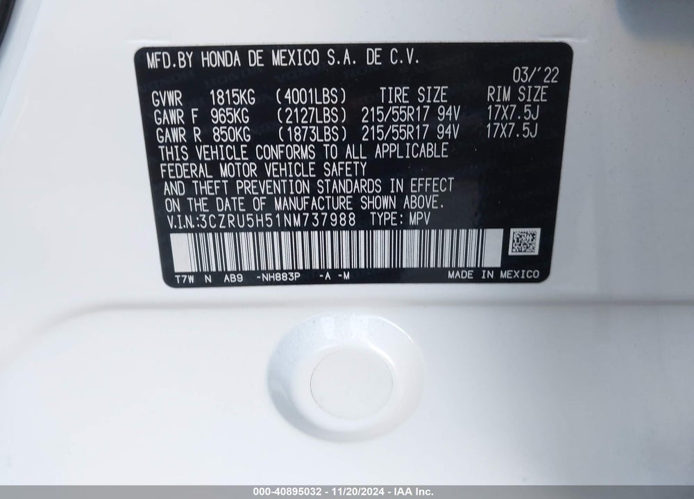 2022 HONDA HR-V 2WD EX VIN: 3CZRU5H51NM737988