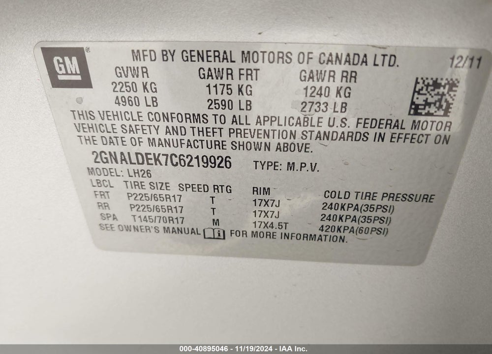 2012 CHEVROLET EQUINOX 1LT VIN: 2GNALDEK7C6219926