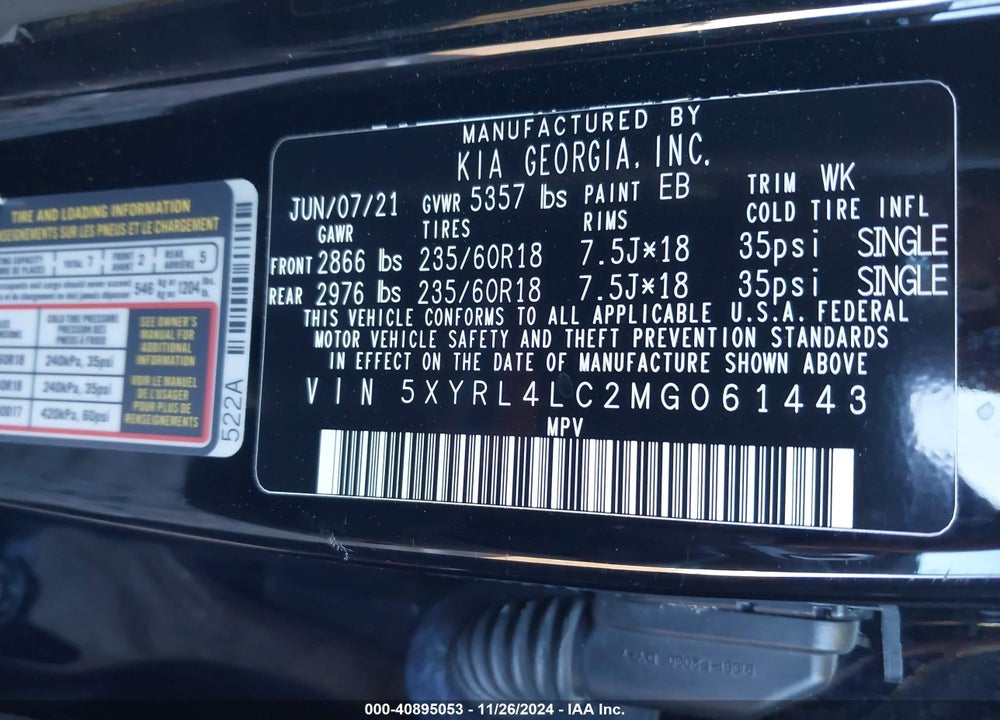 2021 KIA SORENTO S VIN: 5XYRL4LC2MG061443