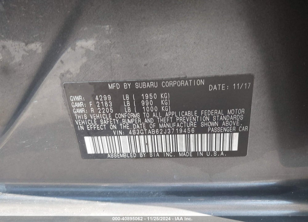 2018 SUBARU IMPREZA VIN: 4S3GTAB62J3719456