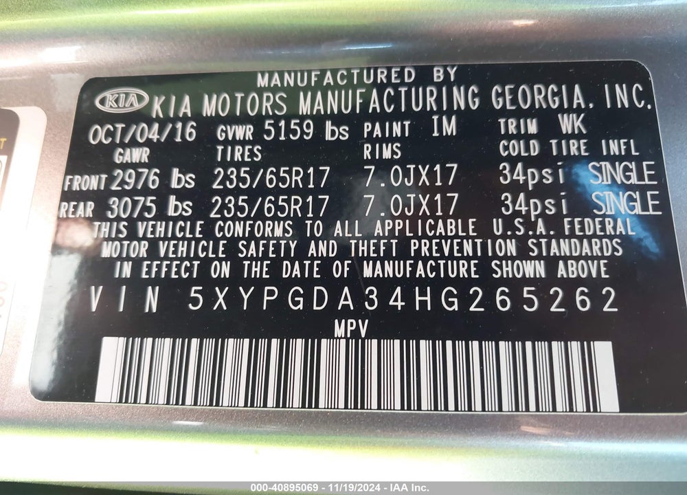 2017 KIA SORENTO 2.4L LX VIN: 5XYPGDA34HG265262