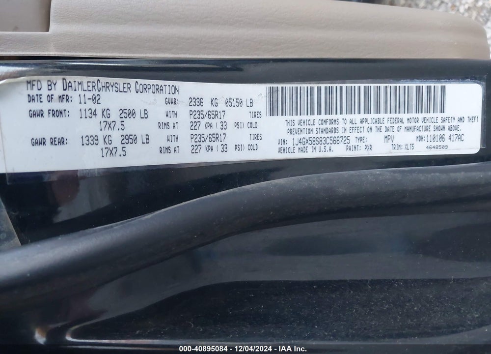 2003 JEEP GRAND CHEROKEE LIMITED VIN: 1J4GX58S83C566725