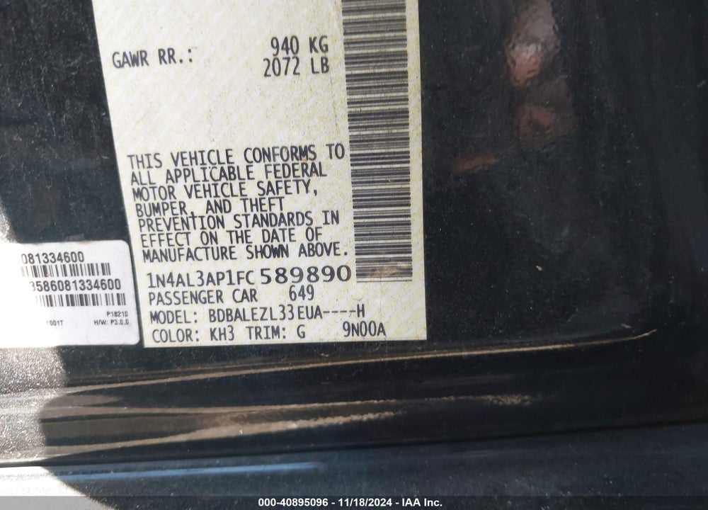 2015 NISSAN ALTIMA 2.5 S VIN: 1N4AL3AP1FC589890