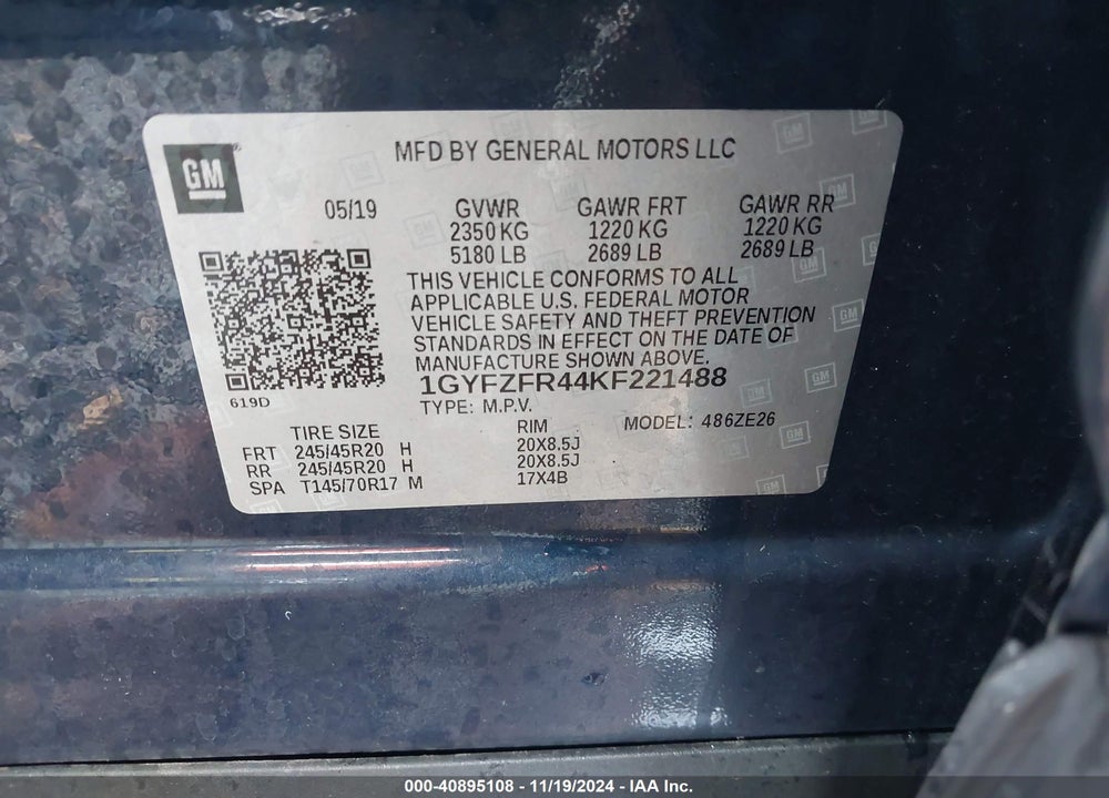 2019 CADILLAC XT4 SPORT VIN: 1GYFZFR44KF221488