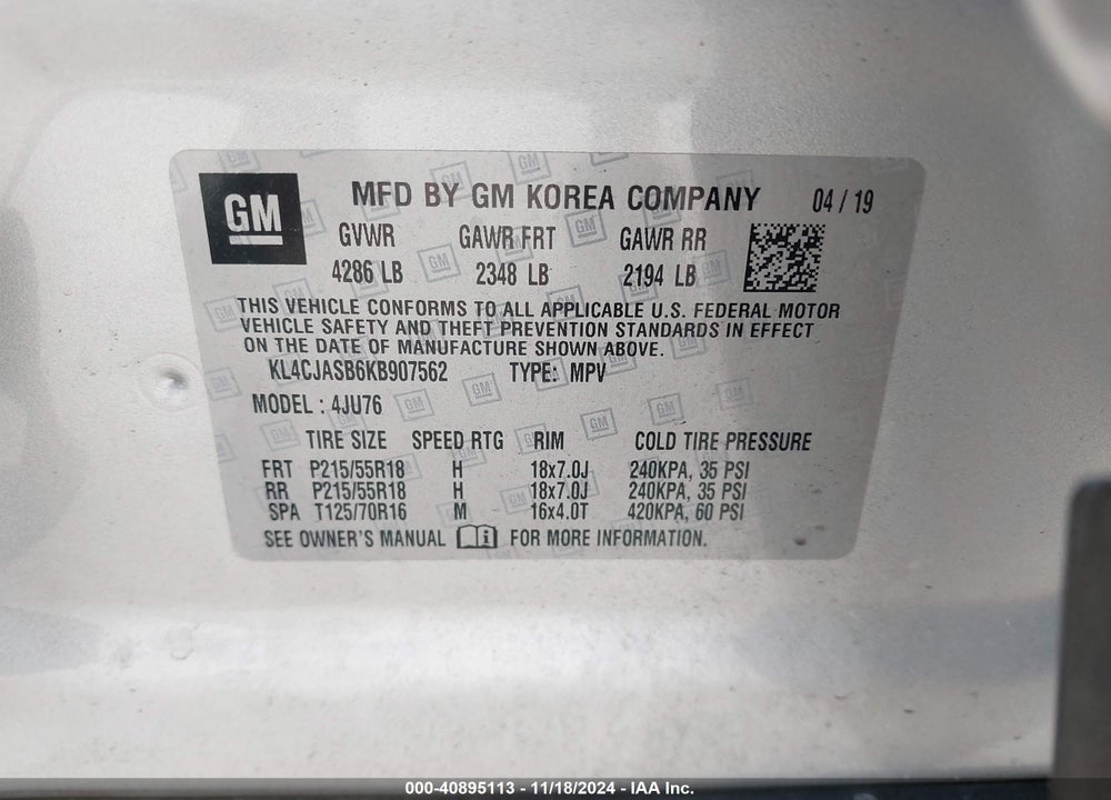 2019 BUICK ENCORE FWD PREFERRED VIN: KL4CJASB6KB907562