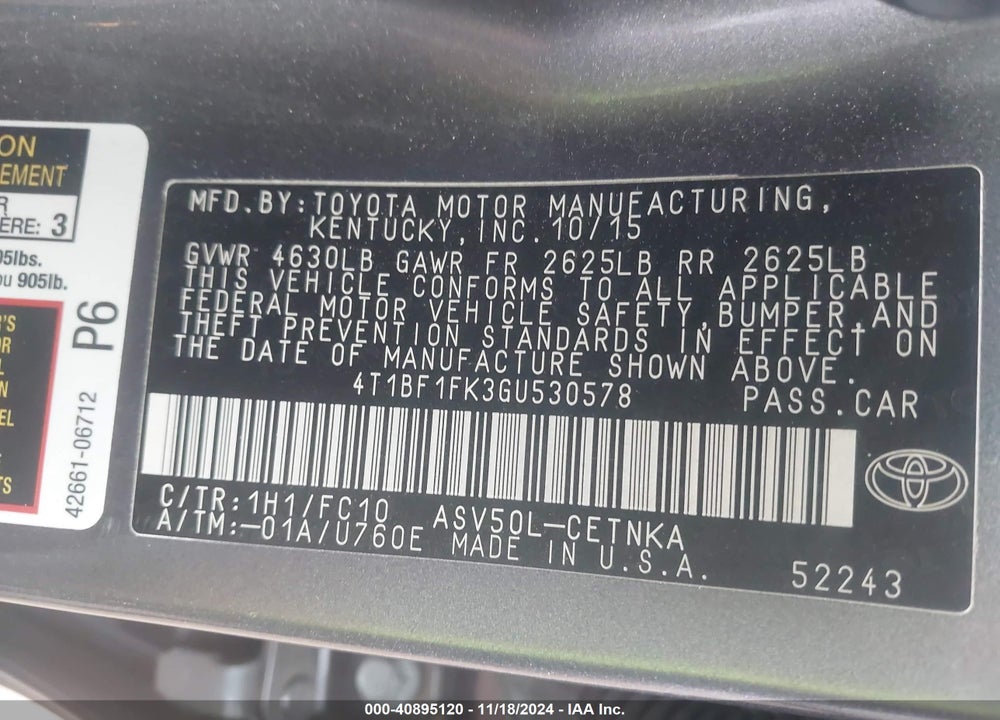 2016 TOYOTA CAMRY LE VIN: 4T1BF1FK3GU530578