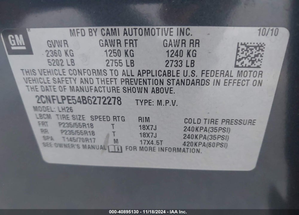 2011 CHEVROLET EQUINOX 2LT VIN: 2CNFLPE54B6272278