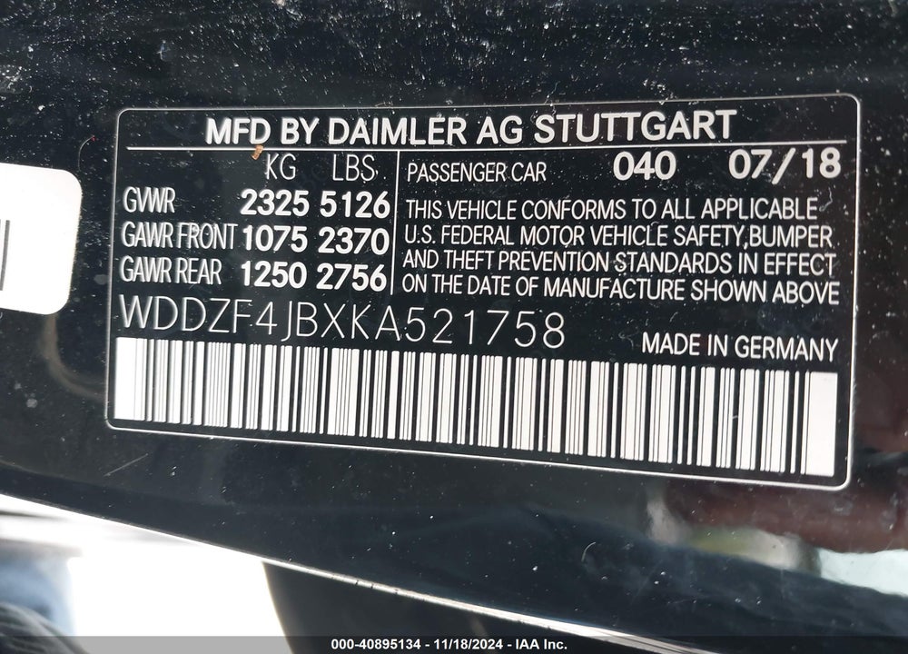 2019 MERCEDES-BENZ E 300 VIN: WDDZF4JBXKA521758