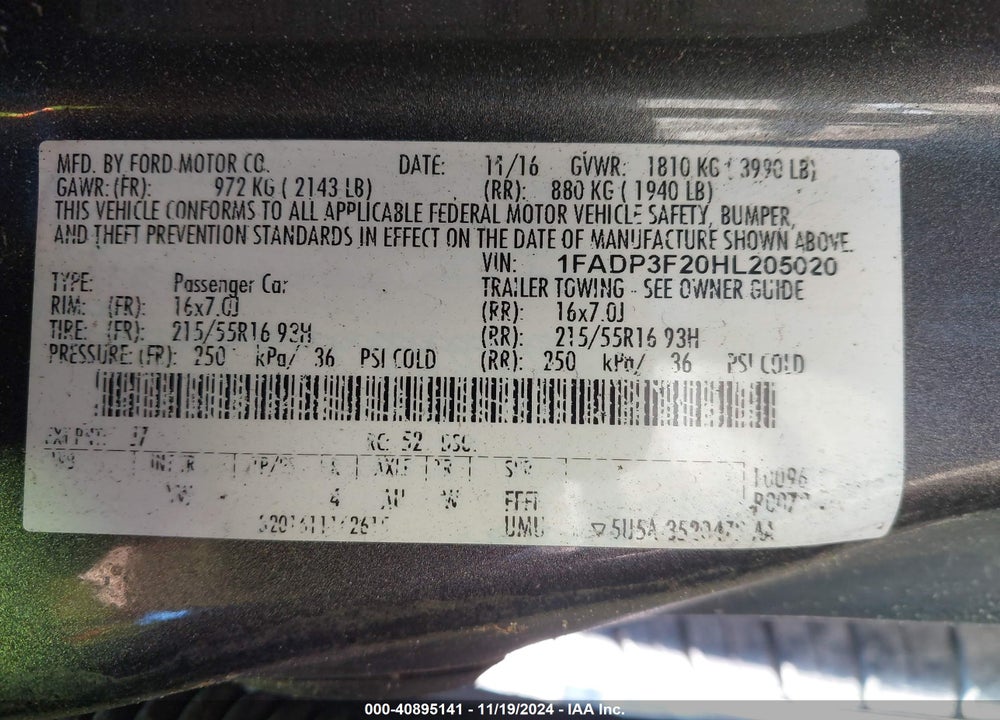 2017 FORD FOCUS VIN: 1FADP3F20HL205020