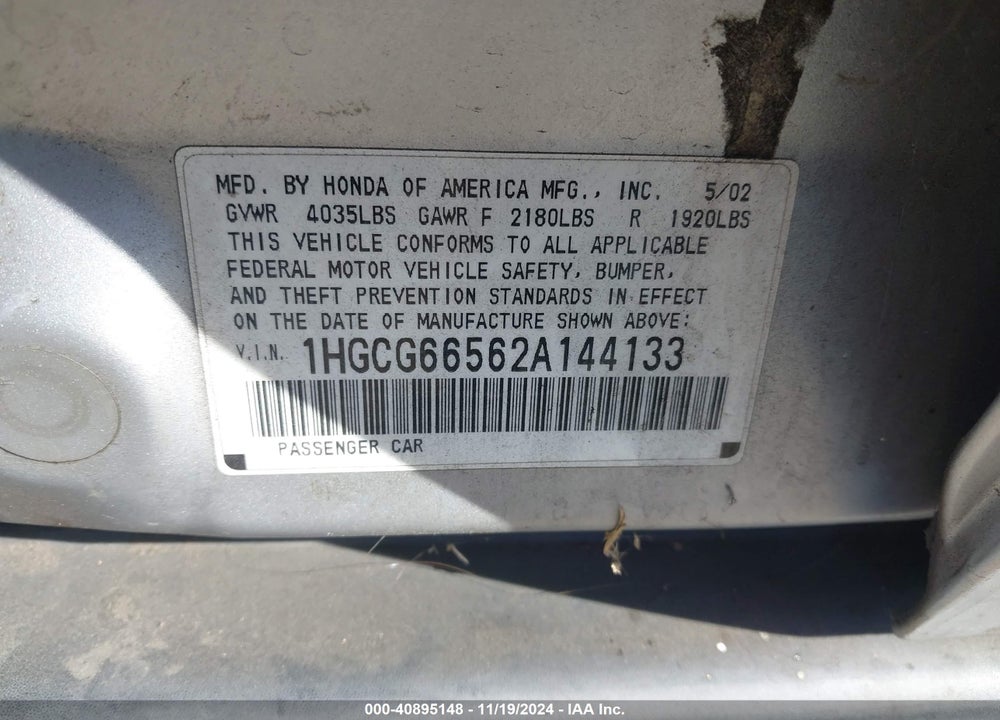 2002 HONDA ACCORD 2.3 LX VIN: 1HGCG66562A144133