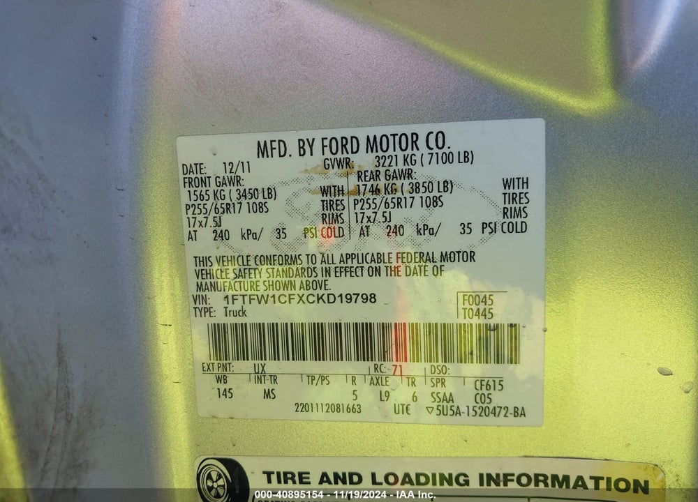 2012 FORD F-150 VIN: 1FTFW1CFXCKD19798