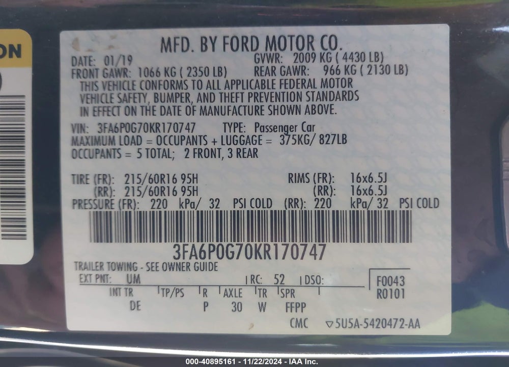 2019 FORD FUSION VIN: 3FA6P0G70KR170747