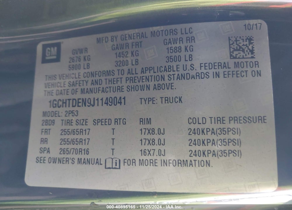 2018 CHEVROLET COLORADO Z71 VIN: 1GCHTDEN9J1149041