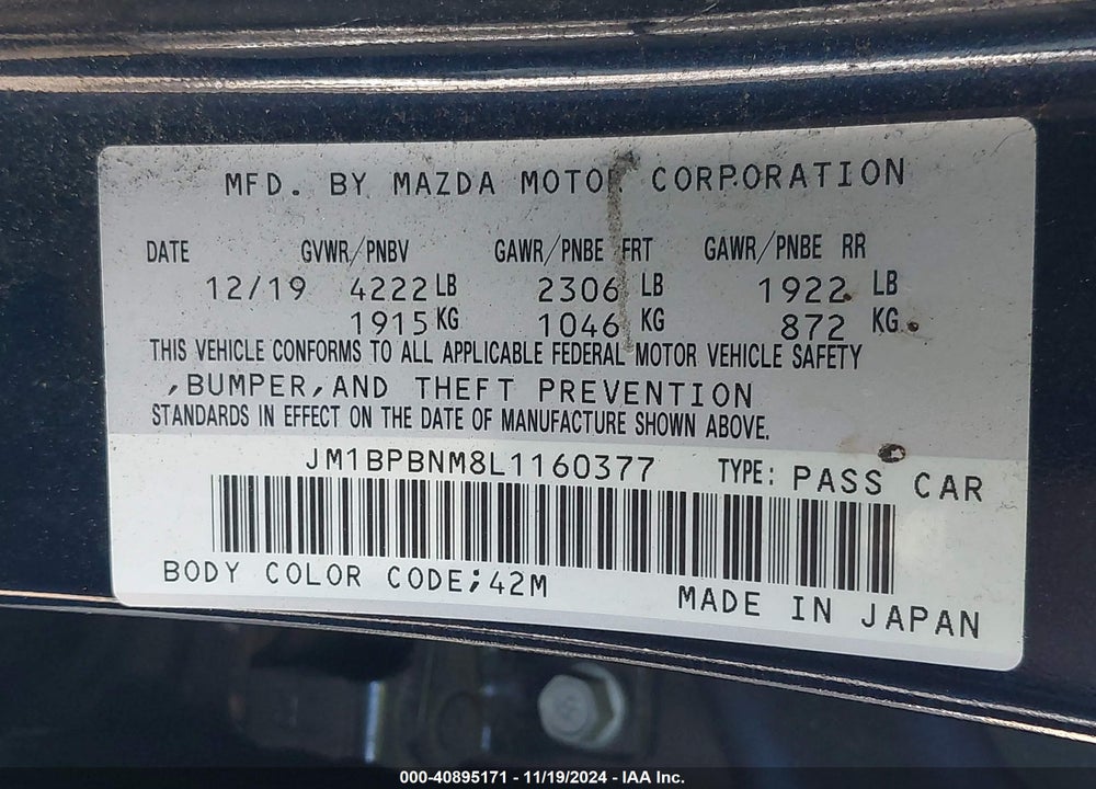 2020 MAZDA 3 PREMIUM PACKAGE VIN: JM1BPBNM8L1160377