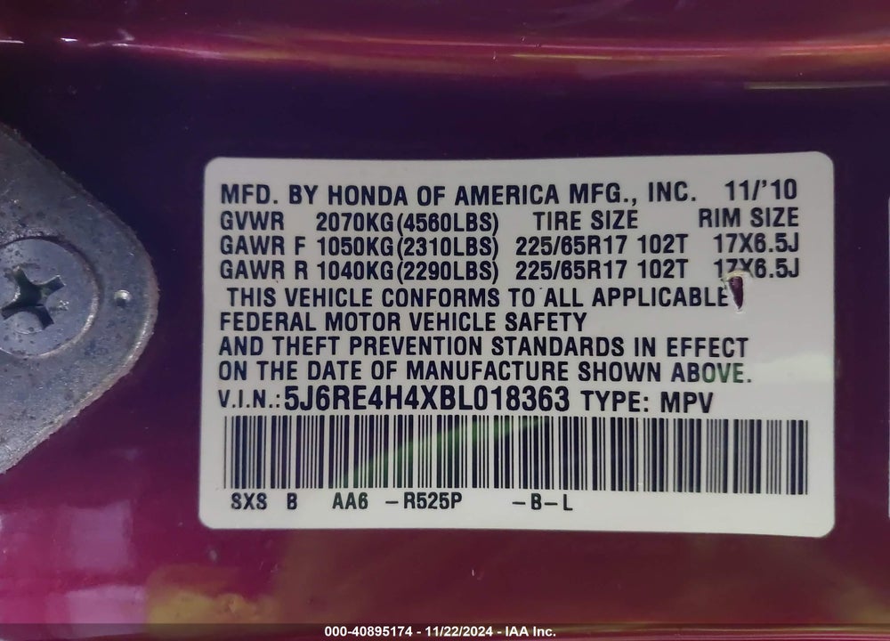 2011 HONDA CR-V SE VIN: 5J6RE4H4XBL018363