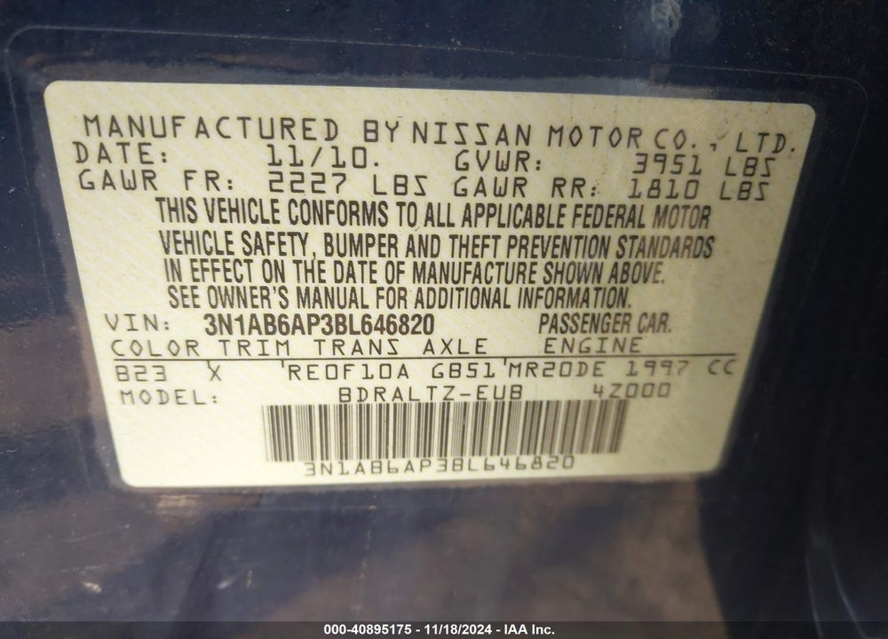2011 NISSAN SENTRA 2.0S VIN: 3N1AB6AP3BL646820