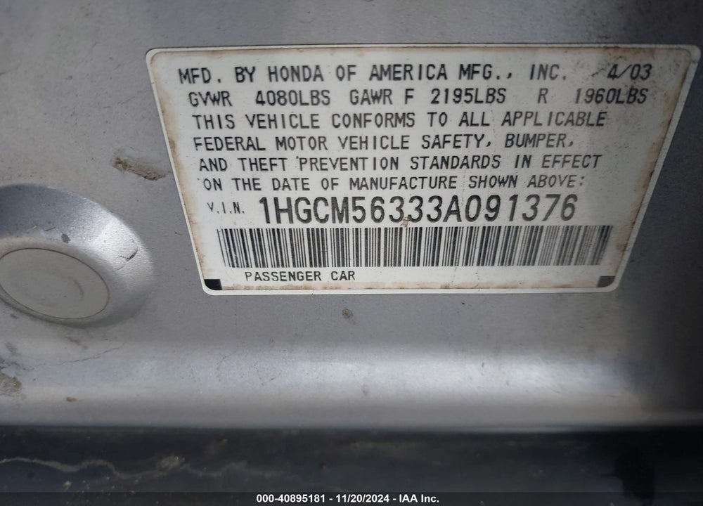 2003 HONDA ACCORD 2.4 LX VIN: 1HGCM56333A091376
