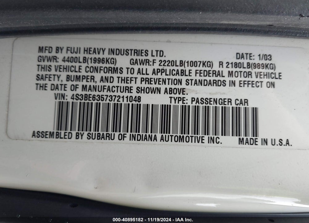 2003 SUBARU LEGACY L/L W/SPECIAL EDITION PACKAGE VIN: 4S3BE635737211048