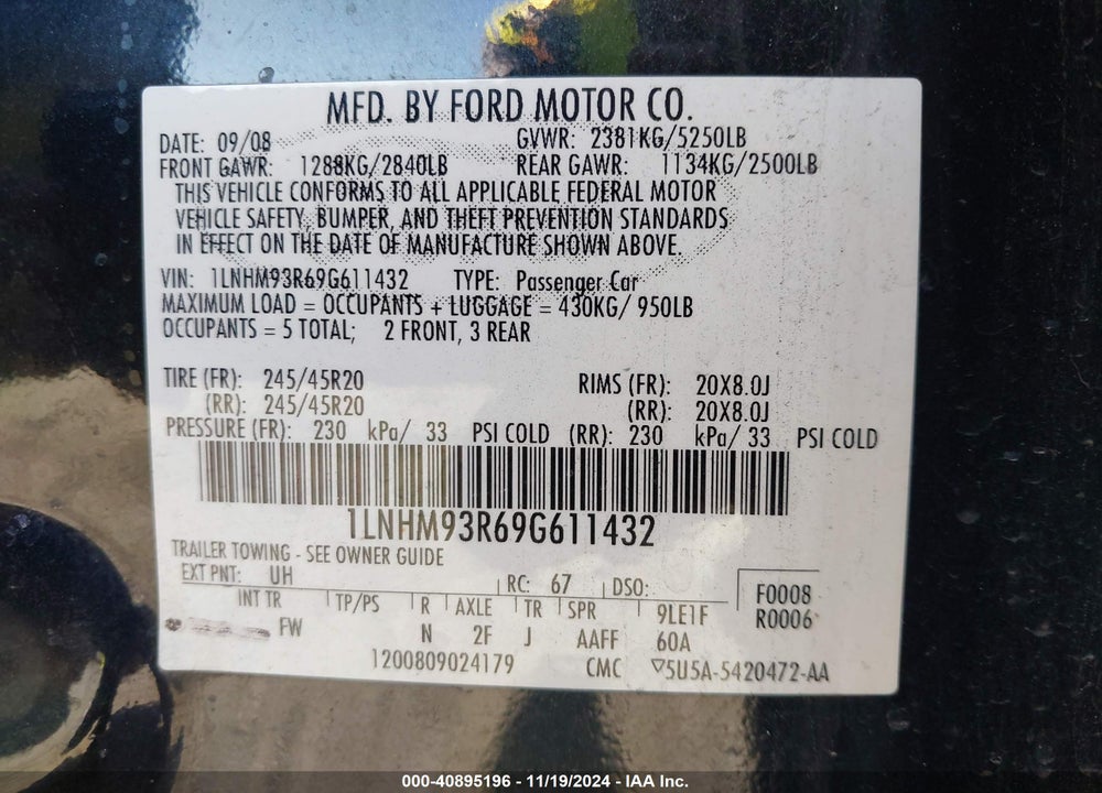 2009 LINCOLN MKS VIN: 1LNHM93R69G611432