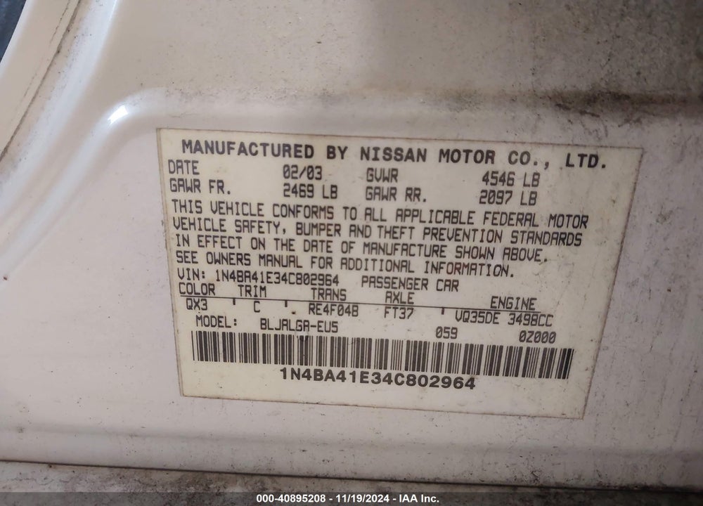 2004 NISSAN MAXIMA 3.5 SL VIN: 1N4BA41E34C802964