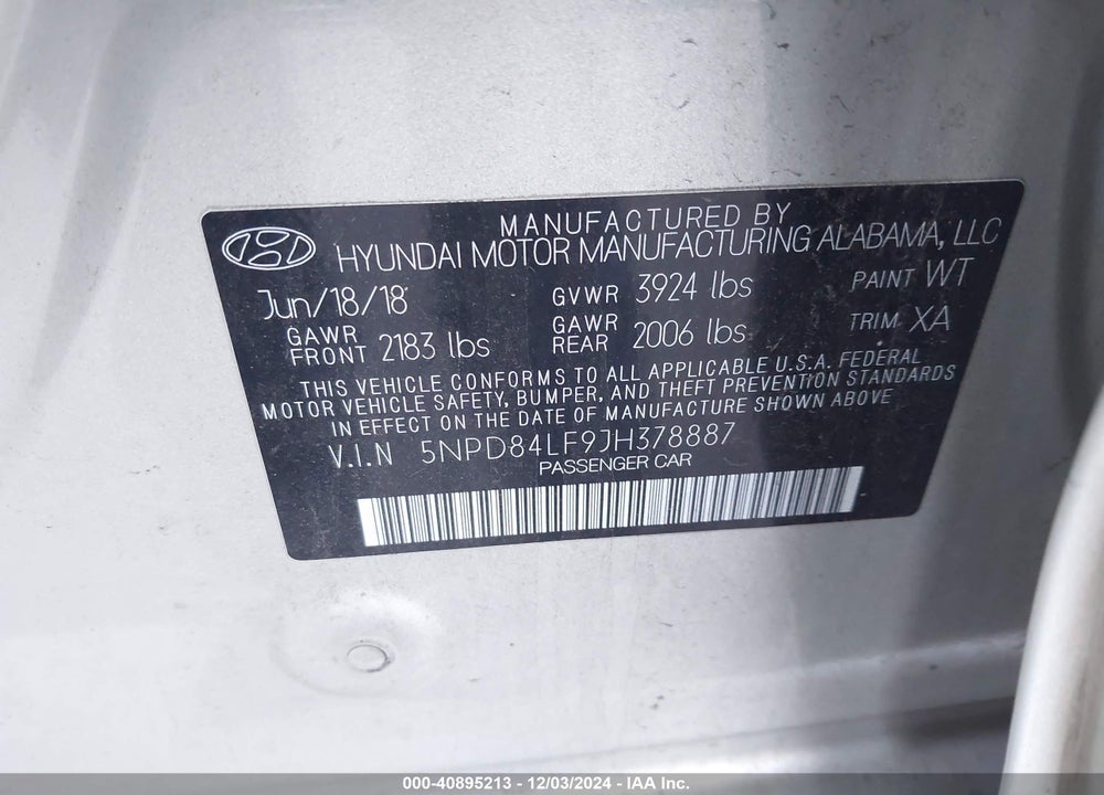 2018 HYUNDAI ELANTRA SEL VIN: 5NPD84LF9JH378887
