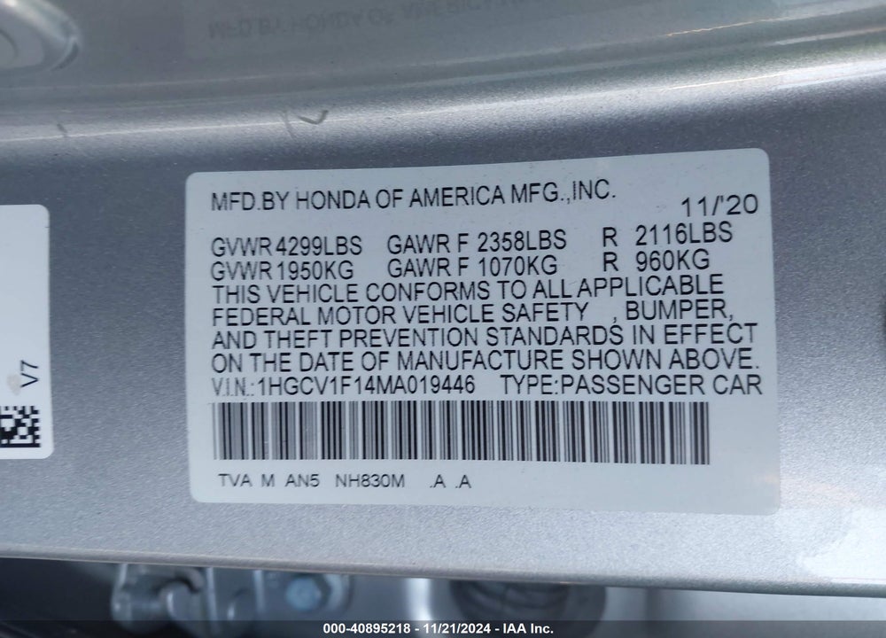 2021 HONDA ACCORD LX VIN: 1HGCV1F14MA019446