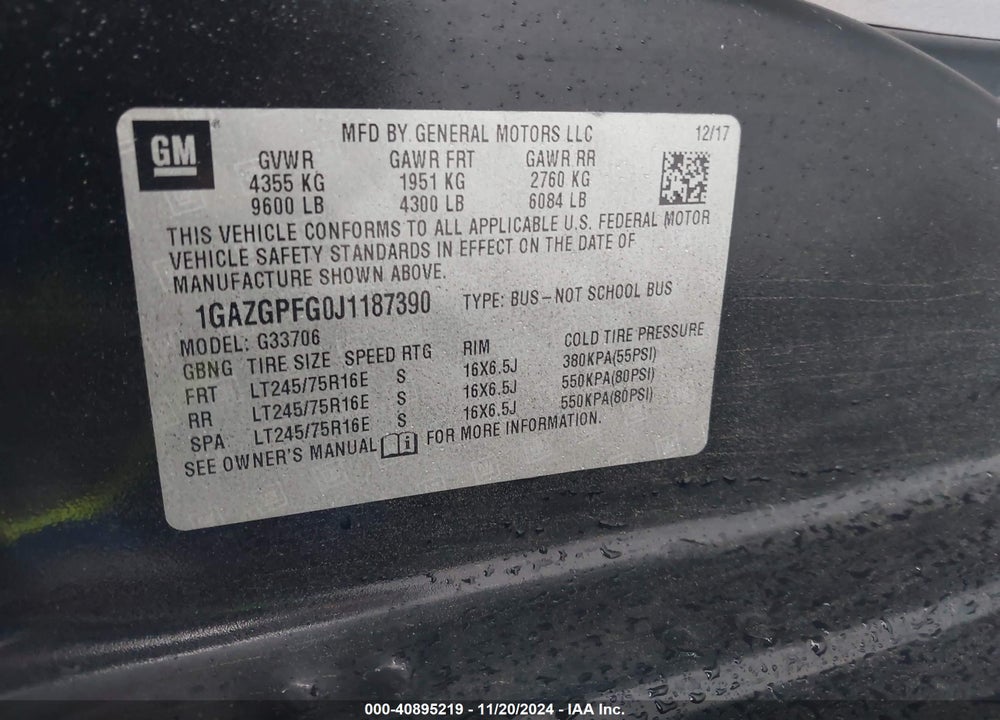 2018 CHEVROLET EXPRESS 3500 LT VIN: 1GAZGPFG0J1187390