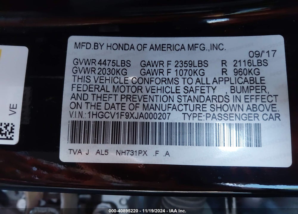 2018 HONDA ACCORD VIN: 1HGCV1F9XJA000207