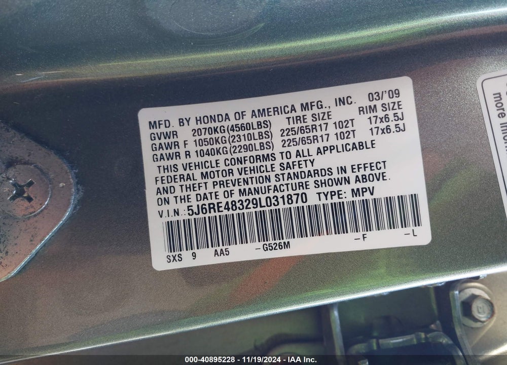 2009 HONDA CR-V LX VIN: 5J6RE48329L031870