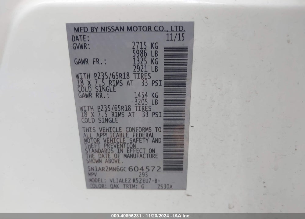 2016 NISSAN PATHFINDER VIN: 5N1AR2MN6GC604572