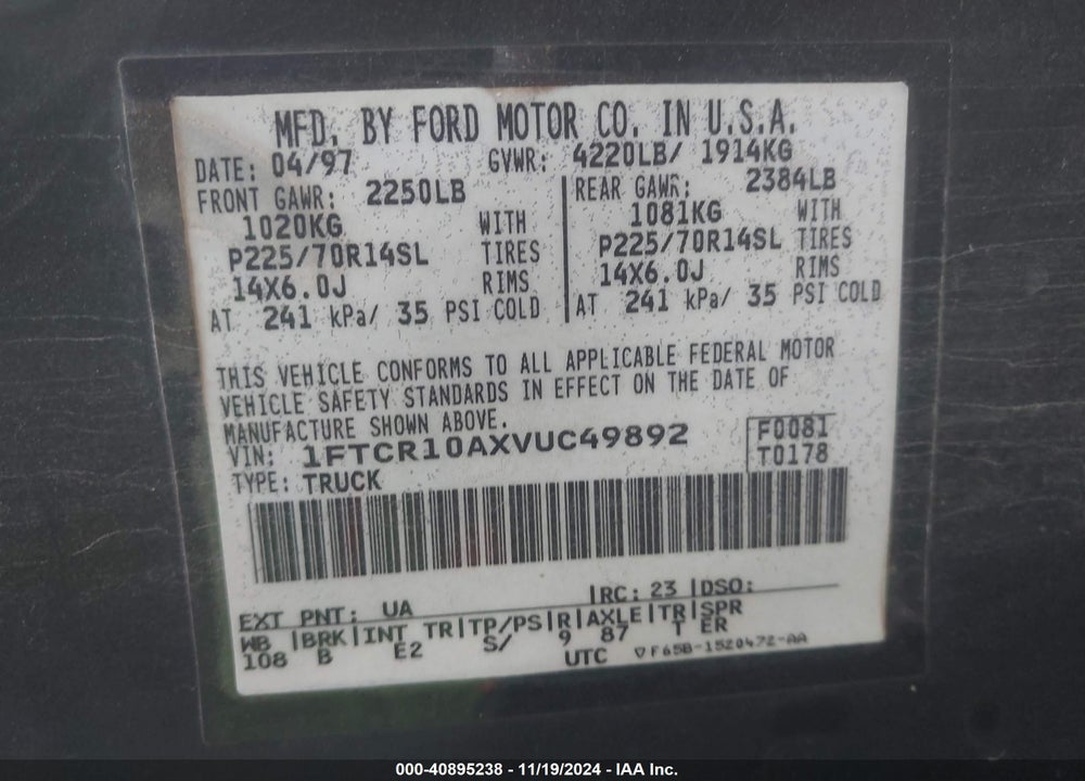 1997 FORD RANGER SPLASH/XL/XLT VIN: 1FTCR10AXVUC49892