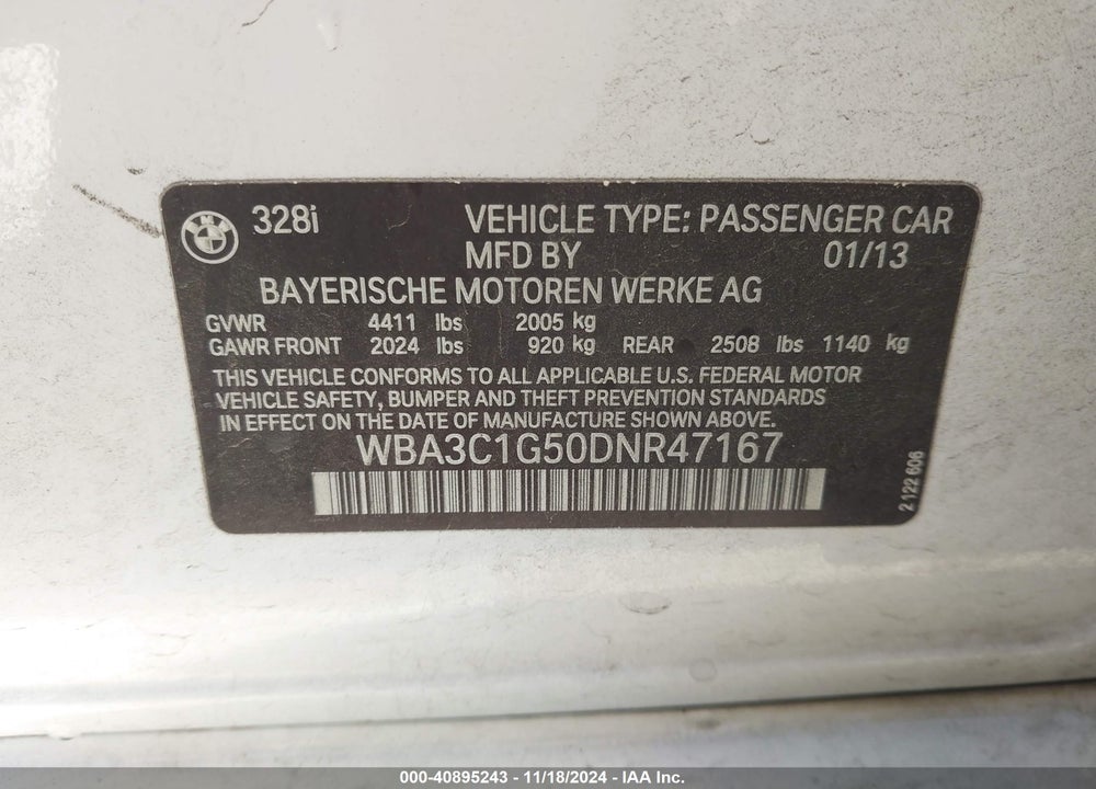 2013 BMW 328I VIN: WBA3C1G50DNR47167