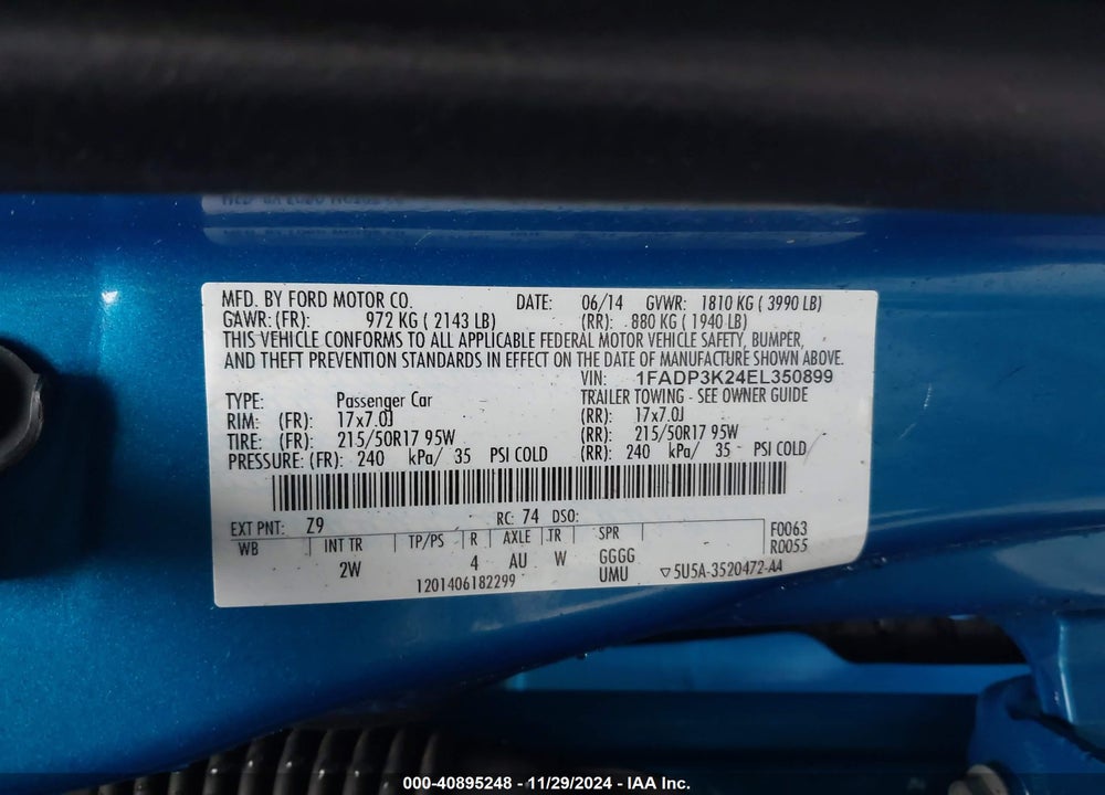 2014 FORD FOCUS VIN: 1FADP3K24EL350899