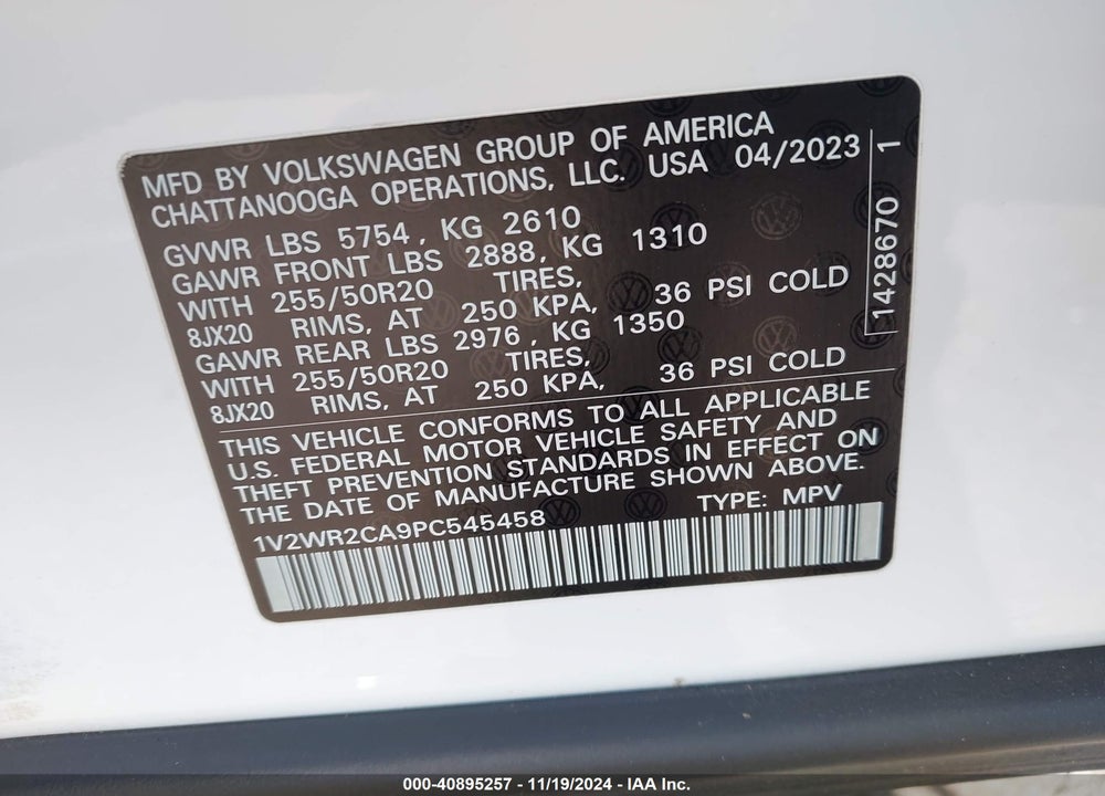 2023 VOLKSWAGEN ATLAS 3.6L V6 SE W/TECHNOLOGY VIN: 1V2WR2CA9PC545458