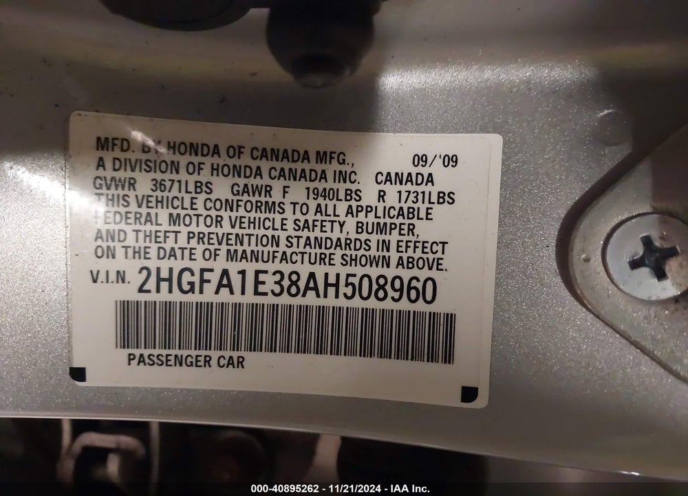 2010 HONDA CIVIC VP VIN: 2HGFA1E38AH508960