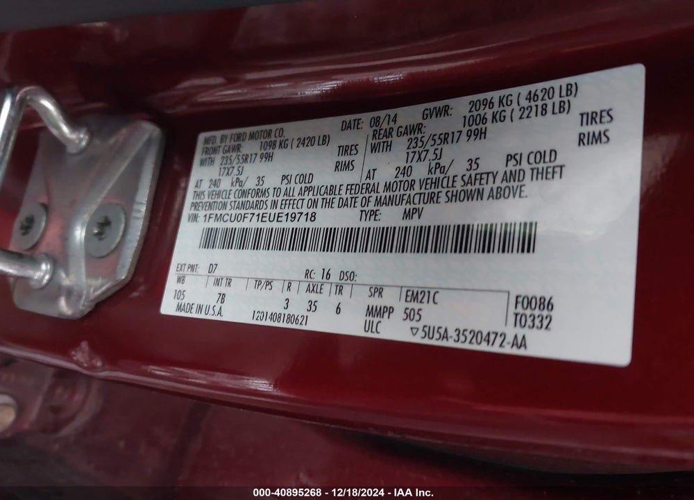 2014 FORD ESCAPE S VIN: 1FMCU0F71EUE19718