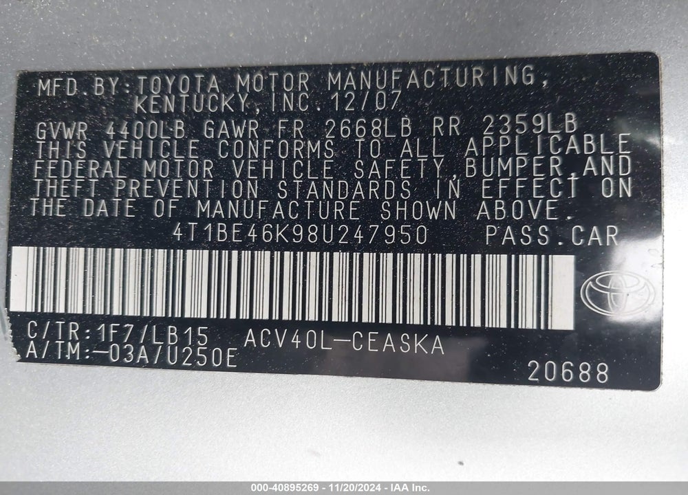 2008 TOYOTA CAMRY SE VIN: 4T1BE46K98U247950